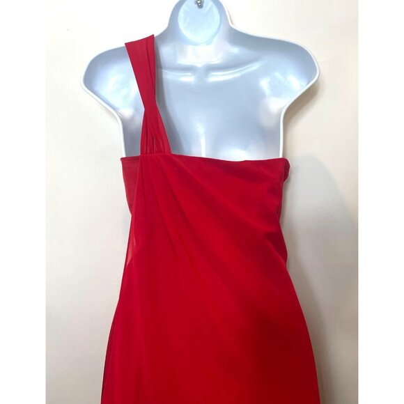 Max & Cleo Crimson Red One Shoulder Dress Ruffle Bow Sheer Overlay Size 10 - Picture 6 of 11